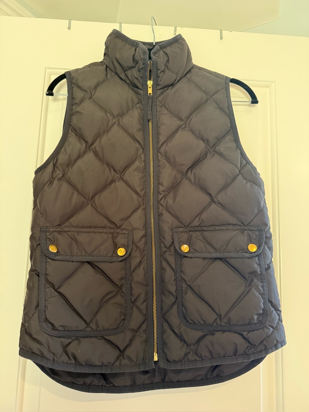 J Crew XS black puffer vest w gold details